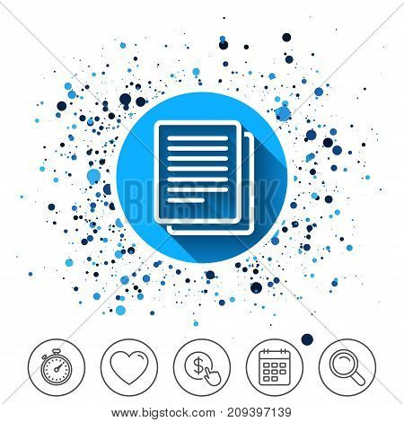 Button on circles background. Copy file sign icon. Duplicate document symbol. Calendar line icon. And more line signs. Random circles. Editable stroke. Vector