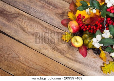 Fall Background With Snowberry, Rowan, Apples, Leaves And Squash, Copy Space
