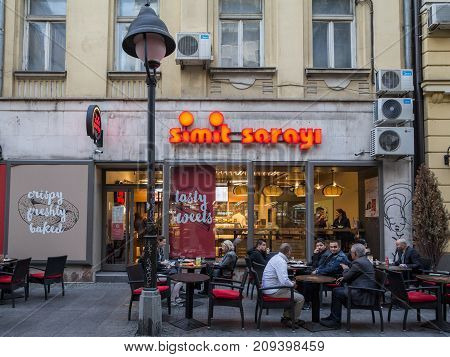 BELGRADE SERBIA - OCTOBER 14 2017: Main entrance of the Simit Sarayi of Belgrade. Recently opened in Serbia Simit Sarayi is the biggest fast food and bakery chain of Turkey
