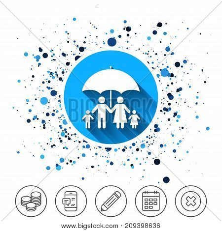Button on circles background. Complete family insurance sign icon. Umbrella symbol. Calendar line icon. And more line signs. Random circles. Editable stroke. Vector