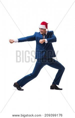 Young busnessman wearing santa hat in christmas concept on white