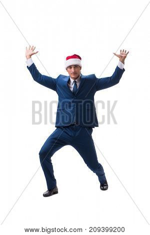Young busnessman wearing santa hat in christmas concept on white