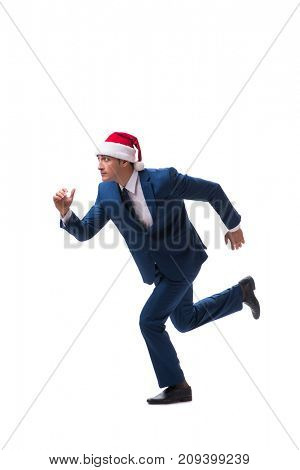 Young busnessman wearing santa hat in christmas concept on white