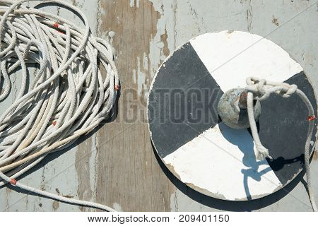 Secchi disk with rope on a wooden dock water transparency measurement.
