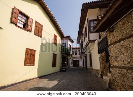Mediterranean architecture. Narrow streets of old Antalya with Osmanish mansions in Turkey.