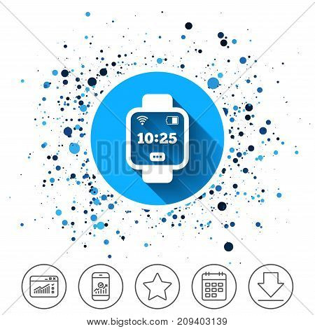 Button on circles background. Smart watch sign icon. Wrist digital watch. Wi-fi and battery energy symbol. Calendar line icon. And more line signs. Random circles. Editable stroke. Vector