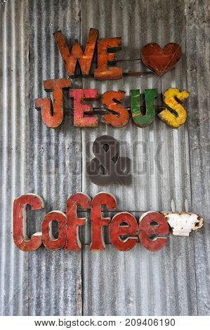 January 1 2016 Gruene Texas: coffee shop sign in the revived ghost town