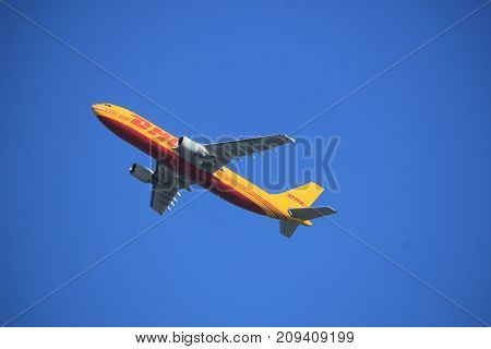 Amsterdam the Netherlands - September 23rd 2017: D-AEAI EAT DHL Leipzig Airbus A300 takeoff from Kaagbaan runway Amsterdam Airport Schiphol