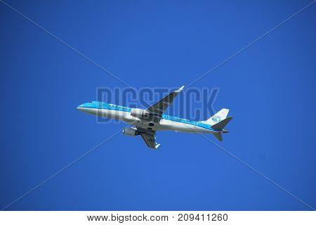 Amsterdam the Netherlands - September 23rd 2017: PH-EZF KLM Cityhopper Embraer ERJ-190STD takeoff from Kaagbaan runway Amsterdam Airport Schiphol