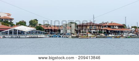 NESEBAR BULGARIA - AUGUST 21 2017: View of the old town and the seaport. Nesebar is an ancient city and one of the major seaside resorts on the Bulgarian Black Sea Coast.