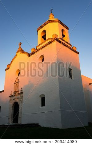 Mission Nuestra Senora del Espiritu Santo de Zuniga also known as Aranama Mission seen in the sunset light at Goliad Texas USA