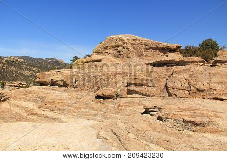 Windy Point on Mount Lemmon in Tucson, Arizona, USA in the Santa Catalina Mountains located in the Coronado National Forest with blue sky copy space.