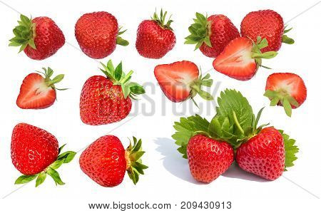 Berry red strawberry isolated set on a white background. Half of the strawberries are in section.