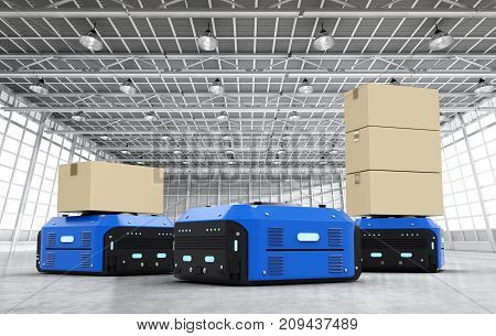 3d rendering warehouse robots carry boxes in factory