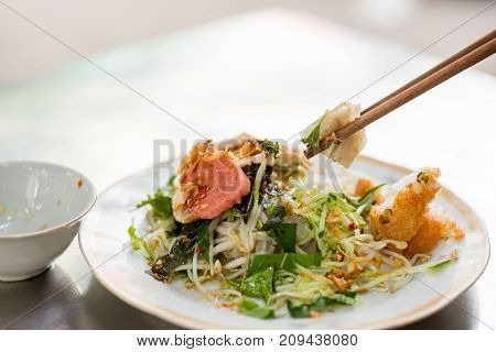 Vietnamese rice noodle roll which is called Banh cuon