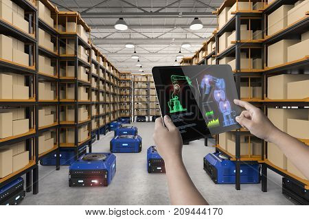 human control 3d rendering warehouse robot working in factory