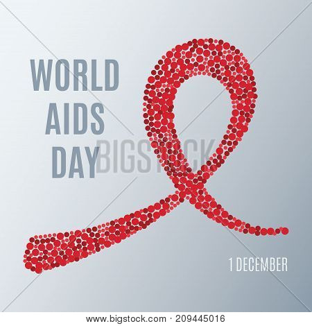 World AIDS day awareness poster. Symbol of acquired immune deficiency syndrome. Red ribbon made of dots on grey background. Medical concept. Circle design template. Vector illustration.
