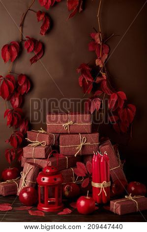 Autumn monochrome still-life in red and burgundy shades. Selective focus.