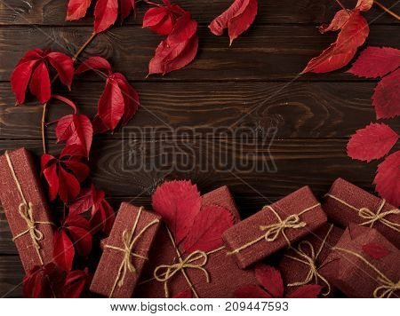 Autumn monochrome still-life in red and burgundy shades. Selective focus.