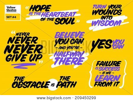 Vector Set of Short Positive Quotes. Motivational Cards with Handwriting Brush Typography. Short Messages about Success Life Happy Achievement. Inspirational Sayings. Never Give Up Yes You Can.