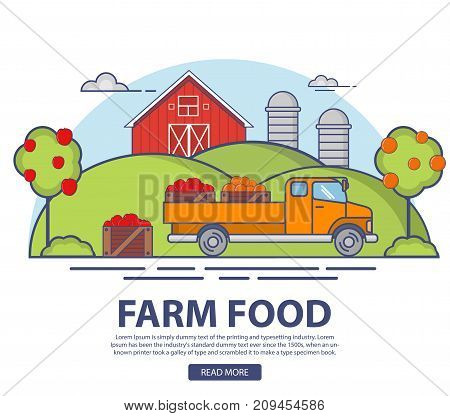 Farm orchard with apple and orange trees harvest. Ripe fruits.Natural ecological product.Delivery truck of wooden boxes.In flat linear style a vector. Agriculture landscape barn house.Summer garden