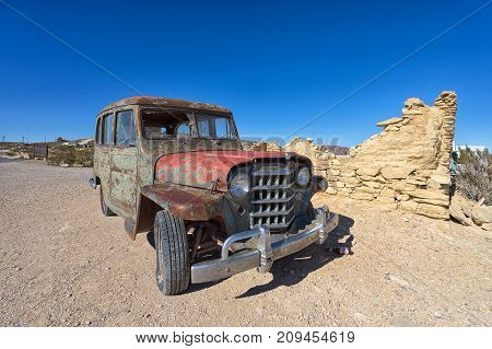 December 14 2015 Terlingua Texas: abandoned vehicle in Terlingua ghost town mostly a tourist destination for park visitors from Big Bend National Park