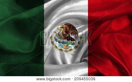 Realistic flag of Mexico on the wavy surface of fabric. This flag can be used in design.