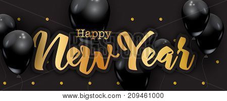 Happy New Year handwriting letters gold glitter dots background black balloons luxury New Year greeting card concept vector illustration. 2018 New Year celebration graphic design elements.