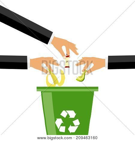 The hand throws garbage into the garbage can, many hands throwing out garbage. Flat design, vector illustration, vector.