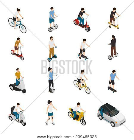 Personal eco friendly transportation isometric set with people riding electric scooter and car bicycle skateboard segway roller segwheel isolated vector illustration