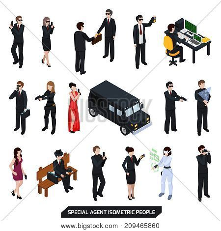 Special agent set of isometric people with sexy women, men in black with handgun isolated vector illustration