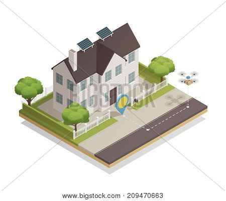 Smart city technology isometric composition with townhouse sun battery panels and drone parcel delivery moment vector illustration