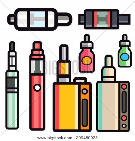Vape device vector set cigarette vaporizer vapor juice vape bottle flavor illustration battery coil. Trend new culture electronic nicotine liquid. Smoking atomizer device e-liquid.