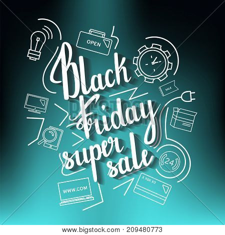 The handwritten phrase Black Friday Super Sale on a blue with icons.EPS 10