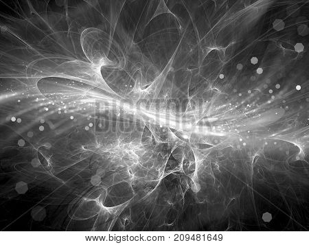 Glowing high energy plasma field in space with particles texture black and white computer generated abstract background 3D rendering