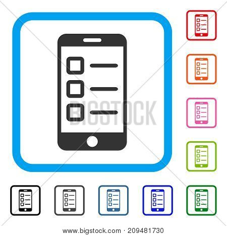 Mobile Test icon. Flat gray pictogram symbol in a light blue rounded rectangle. Black, gray, green, blue, red, orange color variants of Mobile Test vector.