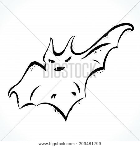 Hand drawn contour picture of bat silhouette isolated on white background. Template for Halloween design. Vector illustration.