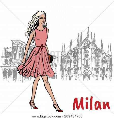 Hand-drawn sketch of woman in Milan at Piazza del Duomo in Italy.