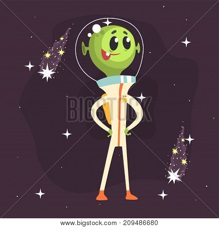 Widespread smiling alien posing with arms akimbo. Little green martian in white space suit. UFO theme. Funny extraterrestrial cartoon sci-fi character concept. Vector illustration in flat style.