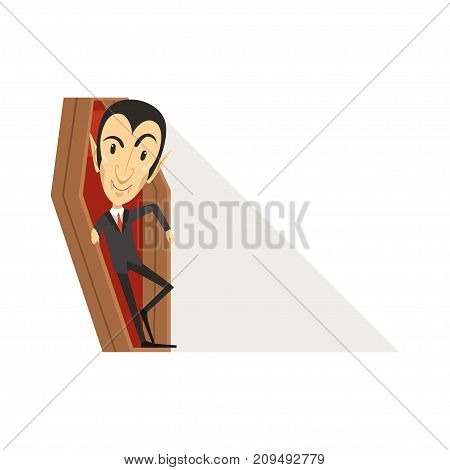 Happy count Dracula wearing black suit. Standing in the coffin. Gothic horror cartoon insidious vampire character with fangs. Happy Halloween. Flat design vector illustration isolated on white