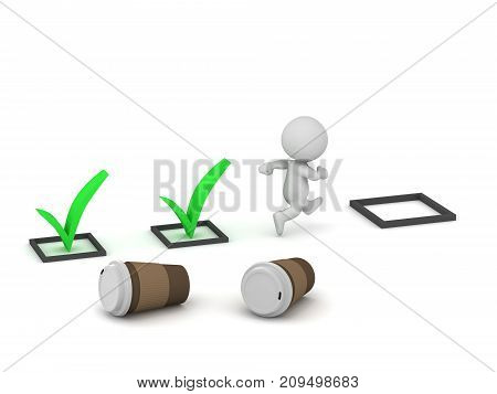 3D character with large coffee cups running and finishing tasks. Isolated on white background.