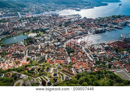 Bergen is a city and municipality in Hordaland on the west coast of Norway. Bergen is the second-largest city in Norway. The view from the height of bird flight. Aerial FPV drone photography.