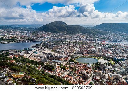 Bergen is a city and municipality in Hordaland on the west coast of Norway. Bergen is the second-largest city in Norway. The view from the height of bird flight. Aerial FPV drone photography.