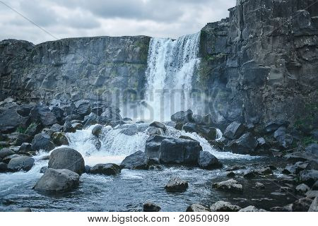 Oxararfoss waterfall, Thingvellir National Park, South Region, Iceland. popular tourist places of Iceland