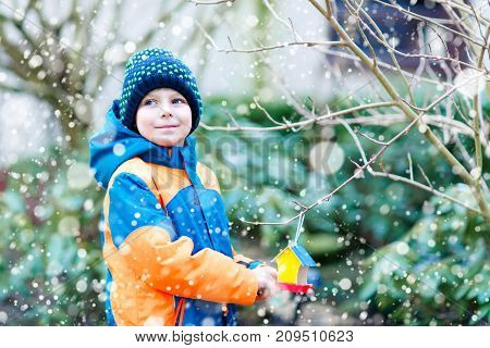Little kid boy feeding birds in winter. Cute happy preschool child hanging colorful selfmade bird house on tree on frosty cold day. Preschooler in colorful wam clothes. Nature, empathy with animals.