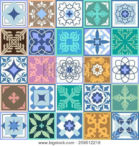 Vector ornaments for hamam, bathroom, kitchen design. Architectural collection, blue palette.