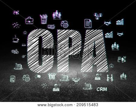 Business concept: Glowing text CPA,  Hand Drawn Business Icons in grunge dark room with Dirty Floor, black background