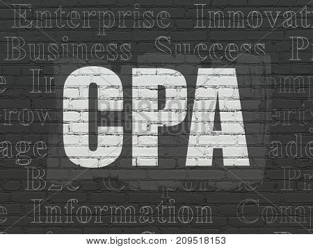 Business concept: Painted white text CPA on Black Brick wall background with  Tag Cloud