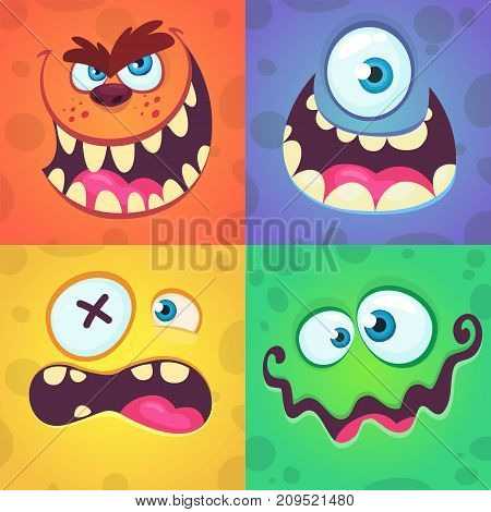 Cartoon monster faces set. Vector set of four Halloween monster faces with different expressions.