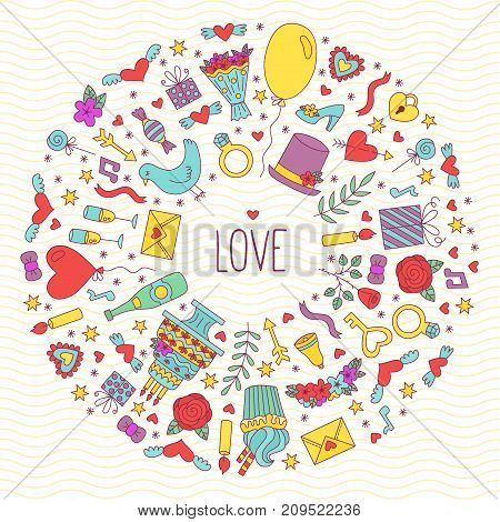Love romance wedding st. valentines day save the dte round vector frame colorful doodle icons